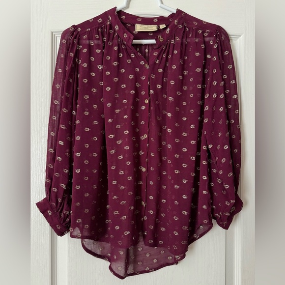 Moulinette Soeurs by Anthropologie Allegra Blouse Burgundy with Gold Foil - Picture 5 of 9